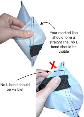 Diagram demonstrating how to pull and pinch the corners of the fabric to form the 3D boxed shape of the pouch