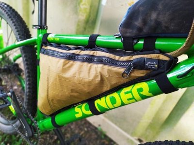 Photo of a custom handmade perfect fitting bike frame triangle bag
